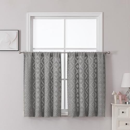 Chyhomenyc Grey Kitchen Curtains 36 Inch Length 2 Panels, Geometric Jacquard Textured Fabric Tier...
