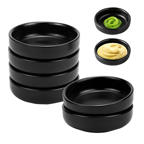 Keramik Sojasosenschale, 6 Stück Keramik Dipschalen, 9 x 9 x 2,4 cm Tauchschüsseln Set, Mehrzweck Porzellan Saucen Schale, Rund Sojasauce Schälchen Kleine Schälchen, für Tomatensauce(Schwarz)