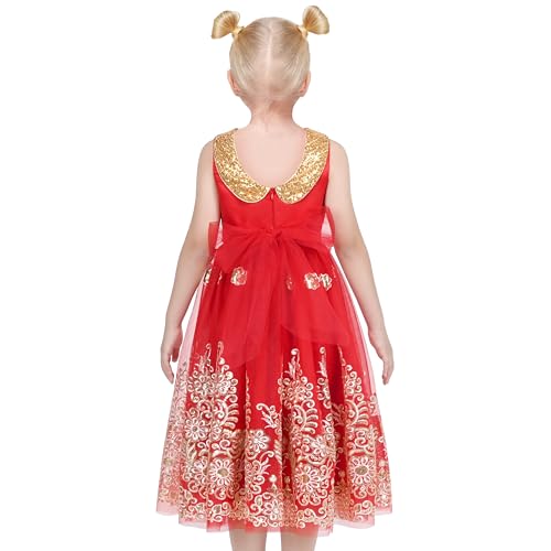 Sunny Fashion Girls Dress Red Floral Gold Embroidery Party Pageant Ball Gown Sleeveless3