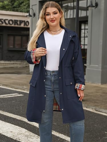 Kikibell Plus Size Rain Jackets for Women Raincoats Waterproof Windbreaker Jacket Hooded Outdoors Trench Coat with Pockets2