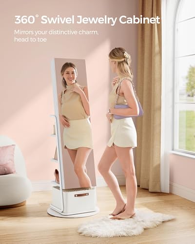 SONGMICS 360° Swivel Mirrored Jewelry Cabinet with Lights, Full-Length Mirror with Jewelry Storage, Standing Jewelry Armoire Organizer, with Large Storage Basket, Makeup Shelf, Cloud White UJJC018W01
