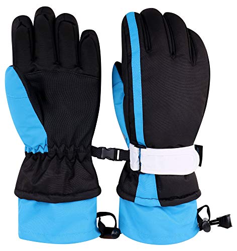 Lullaby Kids Unisex Waterproof Winter Warm Ski Gloves, Black White Blue, L(10-12Y)