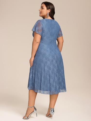 Image of Ever-Pretty Plus Women's Summer V Neck Short Ruffles Sleeves Lace Midi Plus Size Cocktail Party Formal Dresses Dusty Blue US20