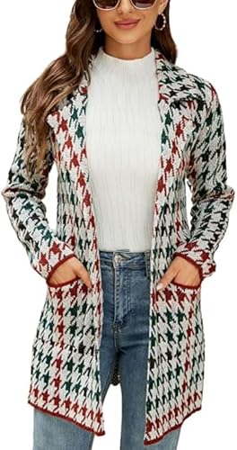 Women's Plaid Lapel Front Cardigan Sweater Button-Down Long Business Casual Knit Cardigan Sweater Suit Jacket