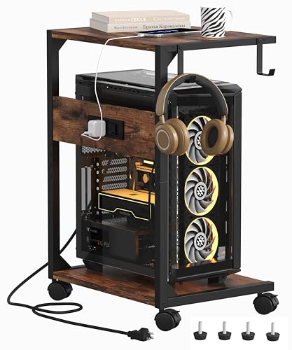 Akxomel 2 Tier Computer Tower Stand with Charging Station, 11.8' D x 16.5' W Rolling Floor PC Tower Stand Fits Under Desk, CPU Holder Cart for Carpet with Hooks, C Shaped End Table for Home Office