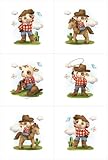 UNIQUE Cotton Twill Quilting Fabric Panel Set (6 Panels, 12x12in Each), Cartoon Pattern, Brown, Blue, Red
