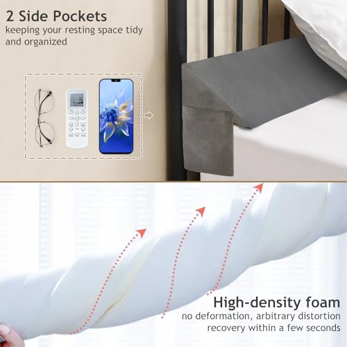 Image of Vekkia Twin Bed Wedge Pillow for Headboard Gap Filler(0-5 inch),High-Density Foam,Prevents Pillows & Items from Falling,Ergonomic Design,Large Storage Pockets, Removable&Washable Cover,Gray,39''x10''x6''