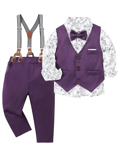 ZOEREA Toddler Boy Suit Formal Wedding Outfits Gentleman Clothes Long Sleeve Shirt + Suspender Pants + Bowtie