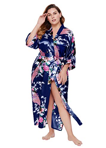Image of BABEYOND Women's Kimono Robe Long Satin Robes with Peacock and Blossoms Printed Kimono Nightgown