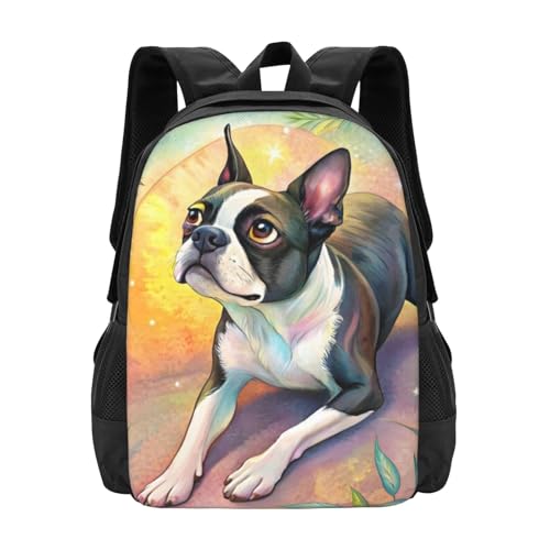 Large Capacity Watercolor Painting Boston Terrier Dog Boho Style Pastel Backpack Multipurpose Bag Zipper Unisex 17 in