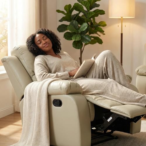 Image of Leather Manual Recliner Sofa Set, Adjustable Backrest Reclining Loveseat Sofa & Recliner Chair, Comfortable Reclining Seats for Home Theater, Apartment, Beige