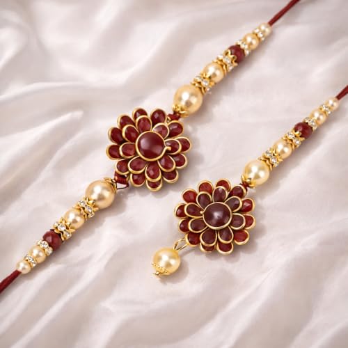 Image of Riddhika Ventures Elegant Traditional Gold Plated Bhaiya Bhabhi Rakhi Set with Roli Chawal and Greeting Card || Traditional Rakhi Set of 2 & Festive Gift
