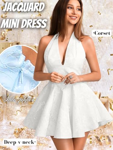 Image of ShawGobow Jacquard Corset Dress,Deep V Halter Mini Dresses with Bow Back,Sexy Birthday Outfits Women Homecoming Prom Formal