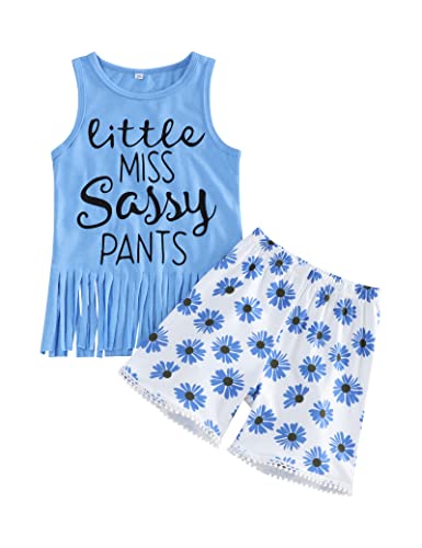 Image of Hipea Toddler Baby Girls Clothes Ruffle Short Sleeve Tops Flower Pants Infant Girls Summer Outfits 2Pcs Clothes Set, Blue, 2-3T