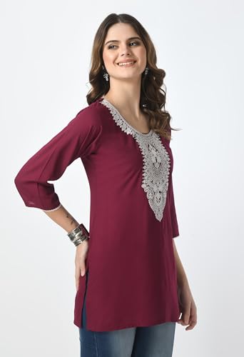 Image of LIBOZA Short Kurti for Women - Lakhnowi Chikankari Embroidered Ladies Kurta, Stylish Girls Top, Ethnic Half Kurtas, Tunic Design Woman Kurtis