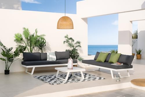 MOMMA HOME Conjunto Muebles de Jardín de Exterior, Rinconera Convertible Multifunción Aluminio Blanco, Muebles para terraza/Exterior, Set de Aluminio, Cojines Tejido Gris | Valencia