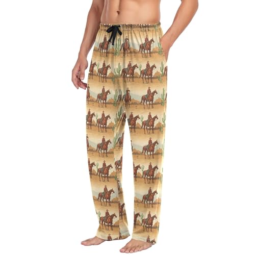 Cowboy Rides A Horse Across The Desert Men's Pajama Pants Soft Lounge Lightweight with Drawstring and Pockets4