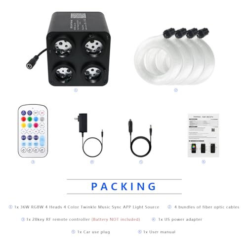 Image of AKEPO 36W 4 Color Twinkle Starlights Headliner Fiber Optic Lights Kit | 800pcs*9.8ft*0.03in Optical Fibers, 4-heads Music Sync Remote /APP Control Starlight Kit for Car Headliner /Home Star Ceiling