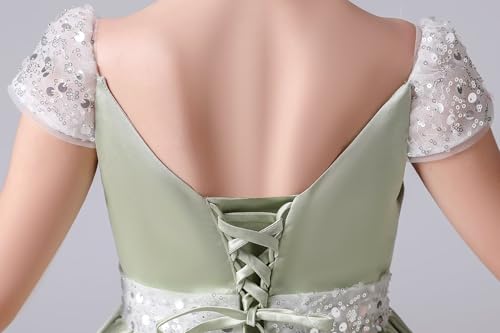 dideyttawl 2025 Girls White Sequins Belt Short Cap Sleeves Lace up Back Long Formal Satin Scoop Neck Dress4