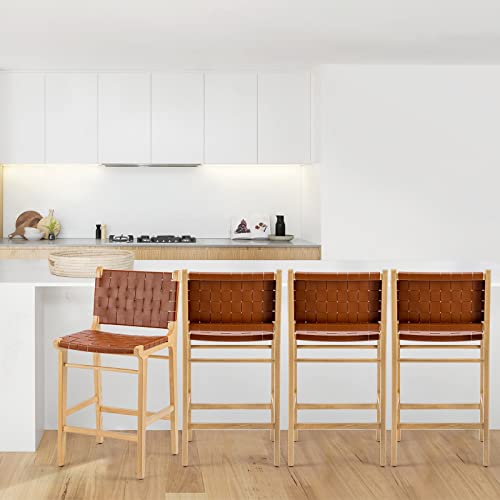 25.6" Bar Stools, Single, Cowhide Leather Woven Strips Counter Height Bar Stools, Fully-Assembled Counter Stools With Solid Ash Wood Frame, Retro Barstools For Dining Room, Kitchen Island, Brown #TOP7