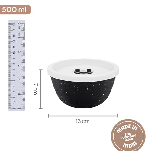 Image of Borosil 500ml Serving & Mixing Bowl with Lid | Made in India Borosilicate Glass Bowl for Kitchen & Dinning | Bowl for Mixing Dough, Salad, Batter | Microwave & Dishwasher Safe (Pebble Black)