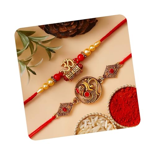 Image of eCraftIndia Set of 2 Peacock Feather Floral Designer Rakhi for Brother Bhaiya Bhai Boys Kids | Roli Chawal Pack