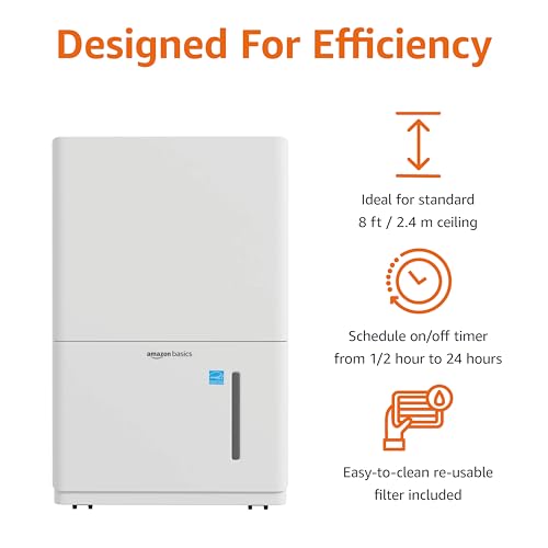 Image of Amazon Basics 35-Pint Dehumidifier for Home, New Energy Star Certified, Humidity Control, Auto-Defrost, Timer, Overflow Protection for Rooms up to 2500 SFT, White