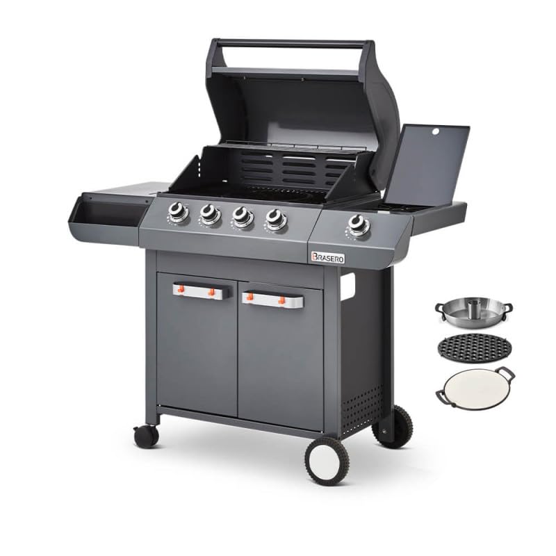 BRASERO BY FAVEX -Barbecue gaz Emma 4 + 1 Side Gun Metal – 4 brûleurs + latéral – 15,1 kW – Grille fonte 64 x 41,5 cm – FLEXIGRILL – 12 convives