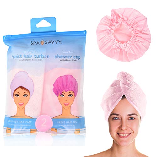 Spa Savvy: Set of 2 Twist Hair Turban and Shower Cap Absorbent Quick Dry Hair Turban Reusable Shower Cap Combo Set (Pink)