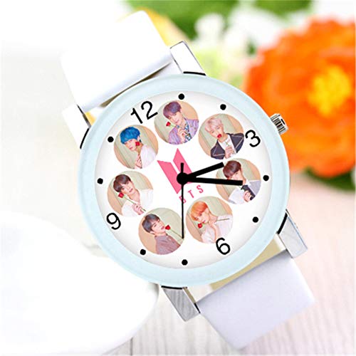 Kpop BTS Bantan Boys Women Men Casual Leather Casual Quartz Watches Role Quartz Wristwatches Unisex Student Clock (A)