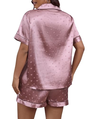 WDIRARA Women's Plus Size 2 Piece Satin Pj Set Short Sleeve Button Down Pajamas with Shorts Sleepwear2