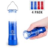 2 in 1 LED Lantern Flashlights 4 Pack with 12 AAA Batteries, 200 Lumens Smallest Lantern, 35 Hours Shining, Pocket Size. Survival Gear for Camping, Emergencies, Hurricane & Outage (Blue & Red)
