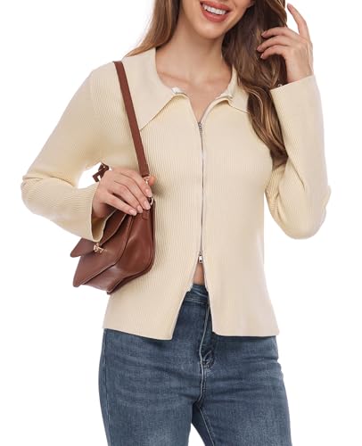 Image of Beige Sweater Long Sleeve Cute Ribbed Knit Jacket Sweaters V Neck Sexy Sweaters Pullover Zip Collared Tops Weekend Holiday BeigeS
