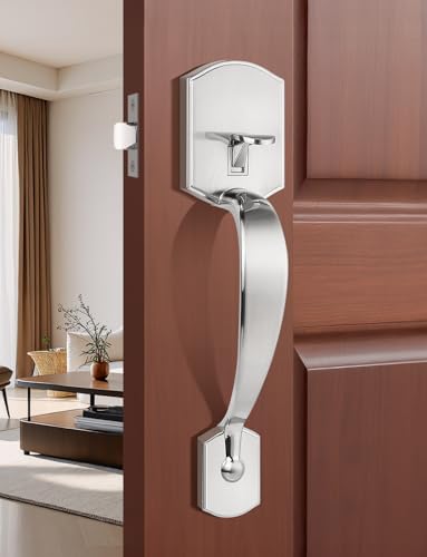 Image of Tinewa Camelot Trim Lower Half Entry Handleset Satin Nickel, Upgated Entry Door Handle with Door Knob for Electronic Keypad, Sliver Exterior Door Handle Lock Set