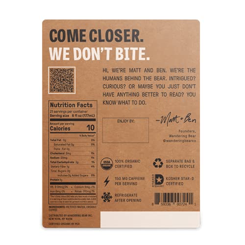 Wandering Bear Straight Black Organic Cold Brew Coffee On Tap, Iced Coffee, 128 fl oz (1 gallon) - Extra Strong, Smooth, Unsweetened, Shelf-Stable, Ready to Drink, Cold Brewed Coffee, Cold Coffee