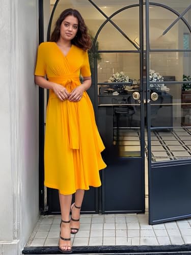 Image of Comfortable Dresses for Women Stretchy Flattering Fit Wrap Dress V Neck Short Sleeve Tie Waist Daily Wear Work Vacation