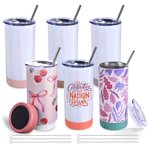 PlanetFlame 6 Pack 17 oz Insulated Sublimation Tumbler Bulk Stainless Steel Double Wall Cups with Cork Silicone Base & Lid & Metal Straw Glitter White