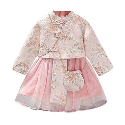 Girls Chinese New Year Dress Kids Fleece Lined Warm Princess Dresses Fairy Hanfu Embroidery Tang Suit with Bag