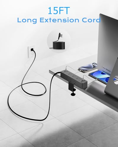 Image of Flat Plug Desk Clamp Power Strip 15FT, 40W Total Fast Charging Station, Dual PD 20W USB C Ports, Desk Edge Mount Power Strip 9 AC Outlets 8 USB Ports(4 USB C) Surge Protector, Fit 1.7 inch Tabletop Edge