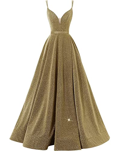 Image of Women's Glittery Spaghetti V-Neck Prom Dresses Long A Line Bridesmaid Dresses Side Split Formal Evening Gowns Black Gold,US08