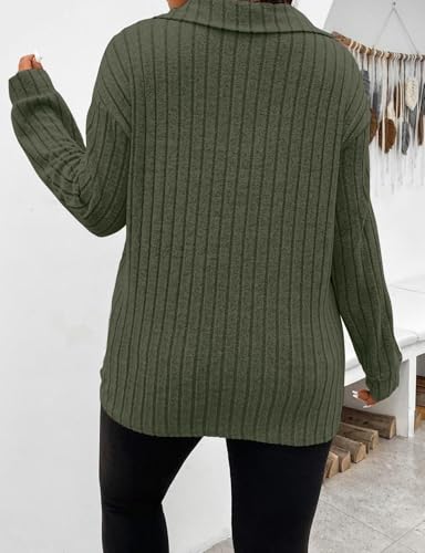 Image of Koscacy Women Plus Size Casual Knit Sweater Lapel V Neck Solid Color Tops Lightweight Long Sleeve Blouses
