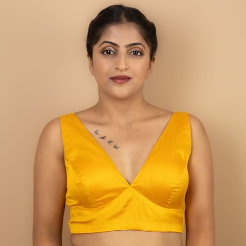 Image of FIGURE'S DESIGNER Women's Dupion Raw Silk Sleeveless V Neck Sabyasachi Cut Readymade Saree Blouse Padded Stitched S4