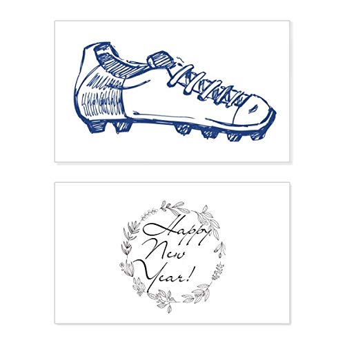 Tarjeta de Año Nuevo temática con botas de fútbol de dibujos animados azul