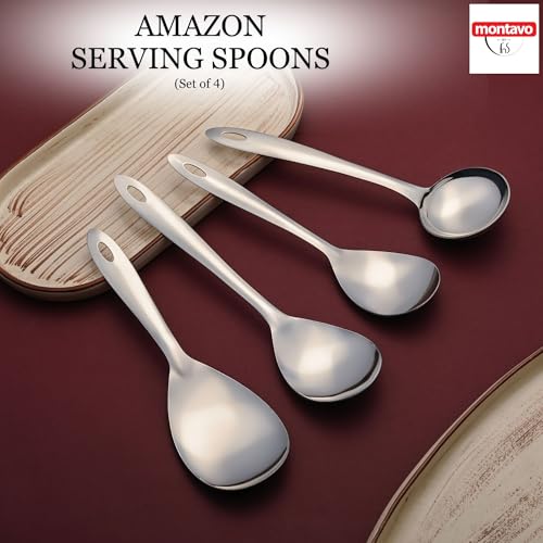 Image of Montavo by FnS 4 Pieces Stainless Steel Serving Spoon Set | 1 Gravy Ladle, 1 Rice Server, 1 Medium Veg Serving Spoon & 1 Small Veg Serving Spoon | Kitchen Serving Tools for Home & Dining