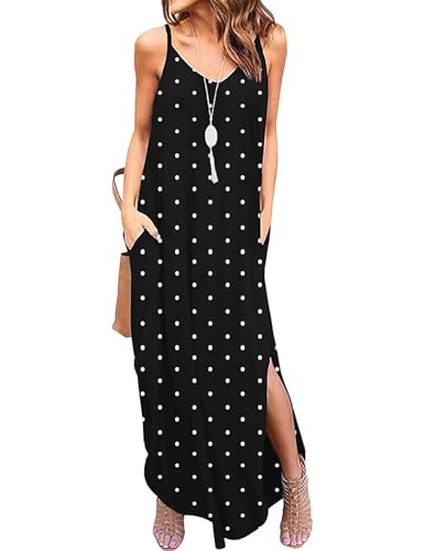 Zilcremo Vestido de verano para mujer, tirantes delgados, cuello en V, vestido informal para la playa, vestido suelto, largo hasta la rodilla, con bolsillos, Punto Negro, M