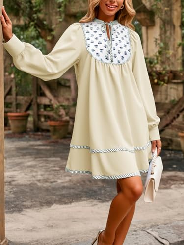 Image of Wenrine Womens Casual Floral Mini Dress Fall Long Sleeve V Neck Patchwork Loose Boho Shirt Dresses