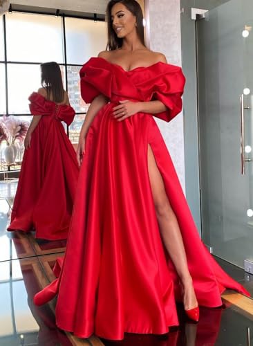 Off-The-Shoulder Satin A-Line Slit Prom Dresses Lace-up Bridesmaid Dress Women's Evening Gowns 20242
