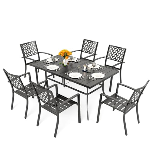 Image of PHI VILLA 7 Pcs Patio Dining Set for 6, Rectangular Metal Table | 60 inchBlack Metal Table with Umbrella Hole&Wrought Iron Chairs, Patio Furniture Set for Patio, Deck, Porch, Backyard