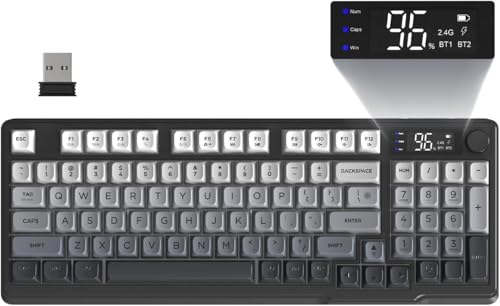 Image of FREEWOLF M96 Wireless Gaming Keyboard Creamy Membrane with Rainbow Backlight,Media Knob,LCD Screen,Dual Mode-Bluetooth /2.4Ghz,Ball Shape PBT Keycap 94 Key ANSI Layout for Win Mac PC Gamer(Moonlight)