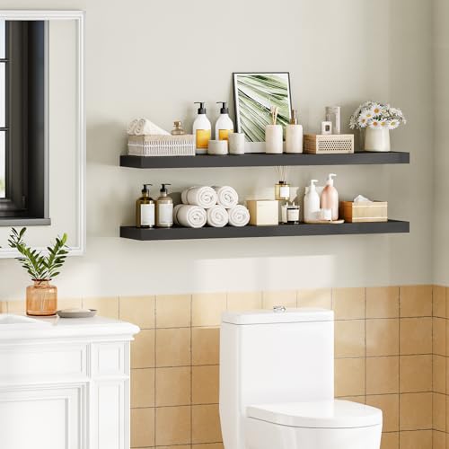Image of HOOBRO Floating Shelves for Wall, Wall Mounted Shelf Set of 2, 47.2 inch Hanging Shelf with Invisible Brackets, for Wall Decor Storage in Bathroom Bedroom Kitchen Living Room Office, Black BK120BJP201